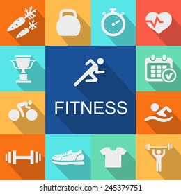 Sports background with fitness icons  in flat  style