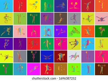 Sports Background. Football, Basketball, Cheerleader, Taekwondo, Volleyball, Badminton, Golf, Tennis, Weightlifting, Yoga, Equestrian, Racing, Bicycle, Swimming. Logo, Text. Vector illustration.