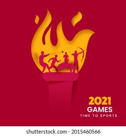 Sports Background With Paper Cut Flaming Torch And Silhouette Different Athletics In Action Pose For 2021 Games.