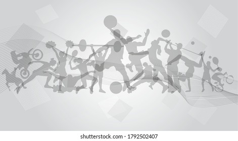 Sports Background. Running, Football, Basketball, Cheerleader, Taekwondo, Volleyball, Badminton, Golf, Tennis, Yoga, Equestrian, Racing, Bicycle, Swimming. Text. Vector illustration.