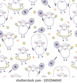 Sports background with sheep playing tennis and twisting a hula Hoop. Seamless pattern with fitness animal and sporting inventory.