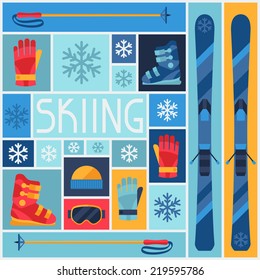Sports background with skiing equipment flat icons.