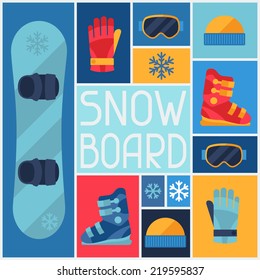 Sports background with snowboard equipment flat icons.