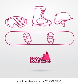 Sports background with snowboard equipment flat icons. Helmet, goggles, jacket, snowboard, boots with a possible logo snowboard company. 