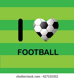 Sports background with soccer ball in the shape of heart. I love football illustration on football field background. Vector illustration
