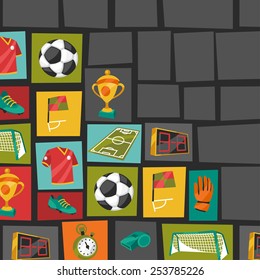 Sports background with soccer football symbols in cartoon style.