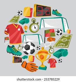 Sports background with soccer football symbols in cartoon style.