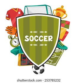 Sports background with soccer football symbols in cartoon style.