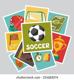 Sports background with soccer football symbols in cartoon style.