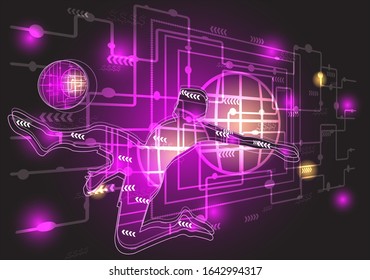 Sports background. Soccer science technology concept. Football Logo design. Player kick the goal. various technological graphics. V A R, Icon, Exercise, Symbol, Silhouette. Vector illustration.