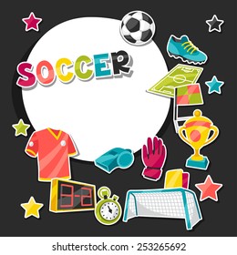 Sports background with soccer sticker symbols in cartoon style.