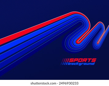 Sports background vector abstract lines in 3D dimensional rotation, dark red and blue dynamic layout for sport games or racing and running activities.