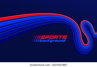 Sports background vector abstract lines in 3D dimensional rotation, dark red and blue dynamic layout for sport games or racing and running activities.