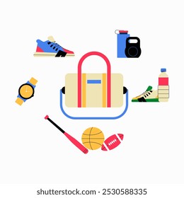 Sports bag with gym shoes, baseball bat, and water bottle in flat vector illustration symbolizing fitness, exercise, and preparation, isolated on white background.