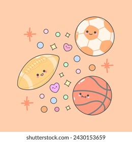 sports ball american football basket soccer with cute facial expressions and pastel colour