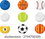 Sports Ball Collection Set Featuring Bowling Basketball Baseball Golf Tennis Volleyball Billiard Soccer And Softball Isolated On White Background For Athletic Competition Graphic Design