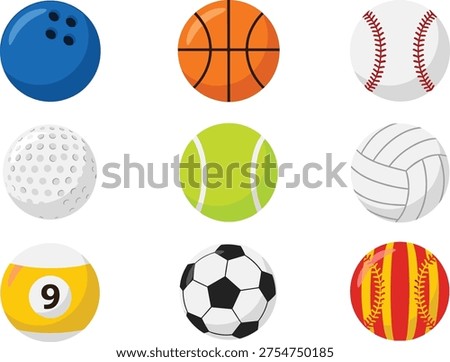 Sports Ball Collection Set Featuring Bowling Basketball Baseball Golf Tennis Volleyball Billiard Soccer And Softball Isolated On White Background For Athletic Competition Graphic Design