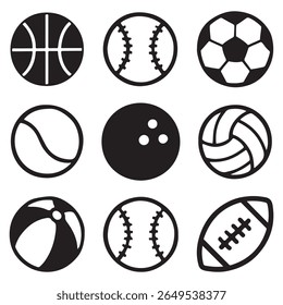 Sports Ball Icon Set Vector Silhouettes of Basketball, Football, Soccer, Tennis, Volleyball and More