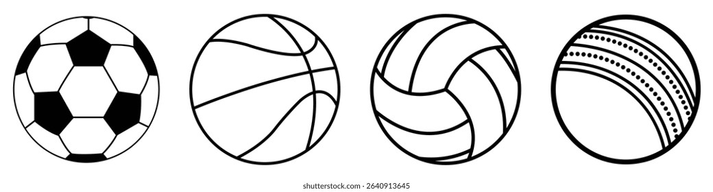 Sports ball icon vector set, team play game icons.  Football ball, volleyball, basketball and ball icon vector illustration. Soccer, volleyball, basketball vector illustration of a ball.