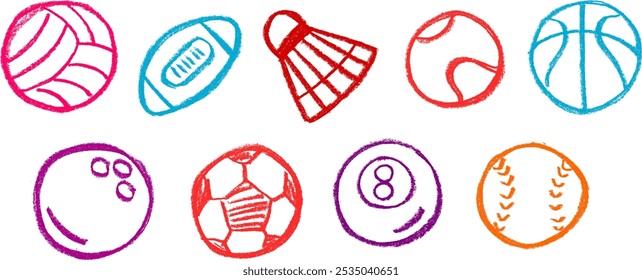 Sport Ball Icons Crayon Kreide Zeichnung Vektor Set