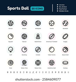 Sports Ball Line Icon Set – Pixel Perfect Editable Stroke Vector Design