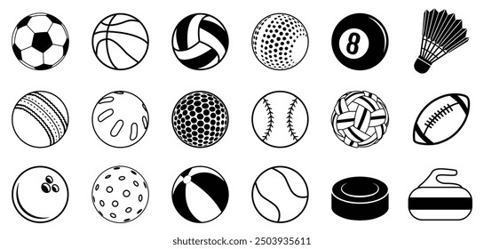 Sports ball outline silhouette vector set.