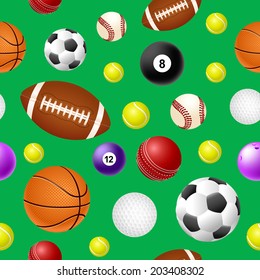 Sports ball seamless pattern on green background