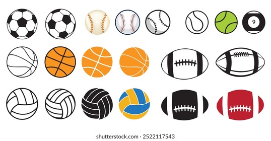 Conjunto de pelota deportiva. Icono de bola. Fútbol, fútbol, baloncesto, tenis, béisbol, voleibol, pelota de tenis, balonmano, pelota de billar.