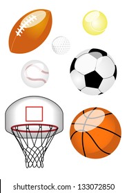 Sports Ball Set Set of six sports balls including American football, tennis ball, baseball, football, basketball, and basketball net.