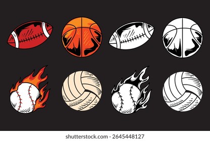 Sports ball vector set, Baseball ball, Basket , tennis , American softball, Volley design