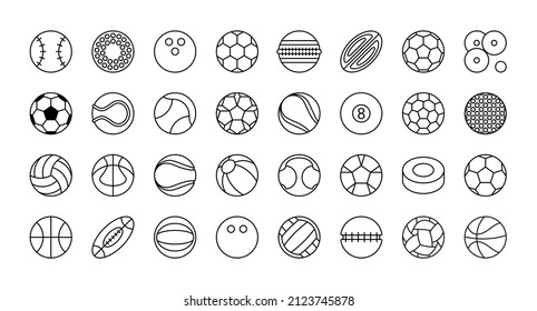Sports balls of all kinds. Set of vector icons. Football, soccer, tennis, golf, bowling, basketball, hockey, volleyball, rugby, billiards, baseball, ping pong.