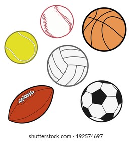 Sports Balls  (baseball, basketball, tennis ball, volleyball, rugby, soccer ball) Illustration Vector