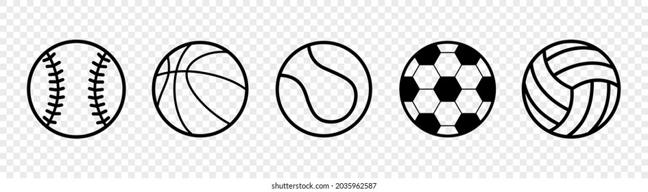 Sports balls. Baseball, basketball, tennis ball, soccer ball, volleyball. Set of vector icons isolated on white background.