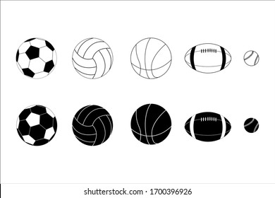 sports Balls (baseball, basketball, volleyball, rugby, soccer ball) outline Illustration Vector