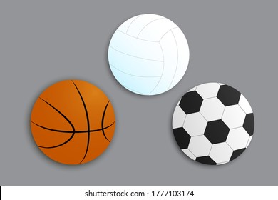 Sports balls for basketball football and volleyball. Set of vector equipment icons for sports games.