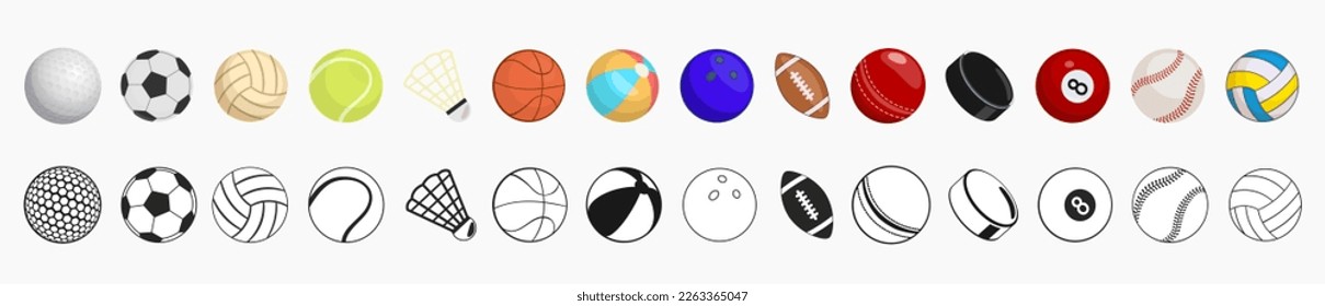 Sports balls black flat icon set. Cartoon vector style.