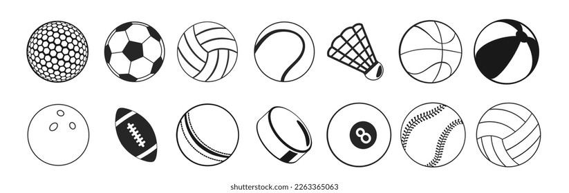 Sports balls black flat icon set. Cartoon vector style.