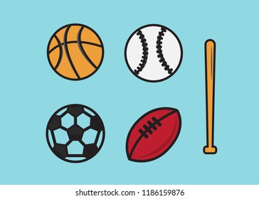 Sports balls. cartoon ball set for soccer, rugby. Basketball and football balls