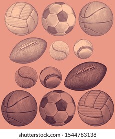 Sports balls. Design set. Hand drawn engraving. Editable vector vintage illustration. Isolated on color background. 8 EPS 