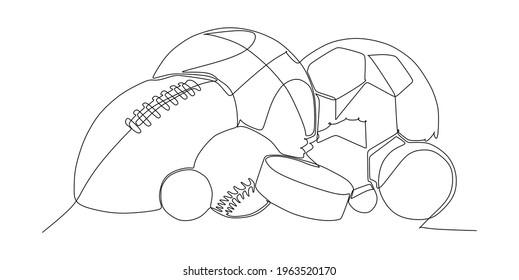 Sports balls and equipment - continuous one line drawing