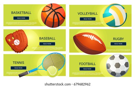 Sports balls and equipment icons of gaming accessories. Football, basketball, tennis, baseball, rugby, voleyball vector banners. Creative sport games concept banners.