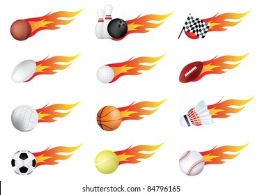 sports balls and flames drawn using gradient mesh