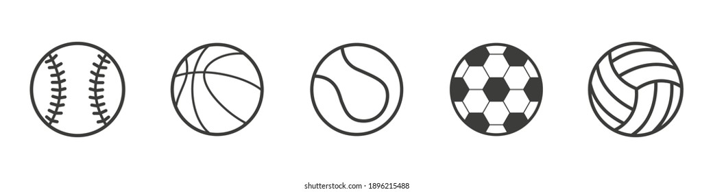 Sports balls Flat line. Baseball, Basketball, Tennis Ball, Soccer Ball, Volleyball. Set of vector icons isolated on a white background