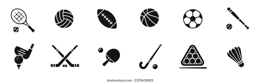 Sports balls flat vector icon set. Soccer, Football, Tennis, Golf, Bowling, Basketball, Hockey, Volleyball,