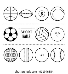 Sports balls for football, basketball, tennis. Linear black and white icons of equipment. Vector