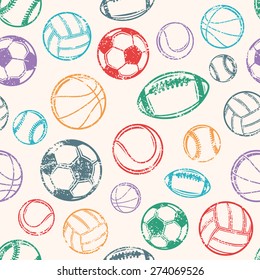 Sports Balls, Grunge Background, Seamless Pattern