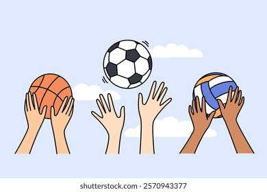 Sports balls in hands of people playing football or basketball and volleyball to maintain good physical shape. Sports balls for active lifestyle and children interested in team games