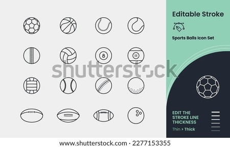 Sports Balls Icon collection containing 16 editable stroke icons. Perfect for logos, stats and infographics. Change the thickness of the line in any vector capable app.