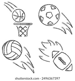 sports balls icon set, brush strokes on a white background. Vector illustration.