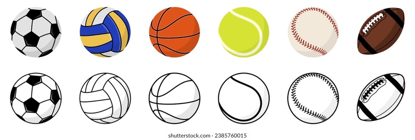 Juego de iconos de bolas deportivas. Bolas de fútbol, voleibol, baloncesto, fútbol, tenis, béisbol. Ilustración del vector